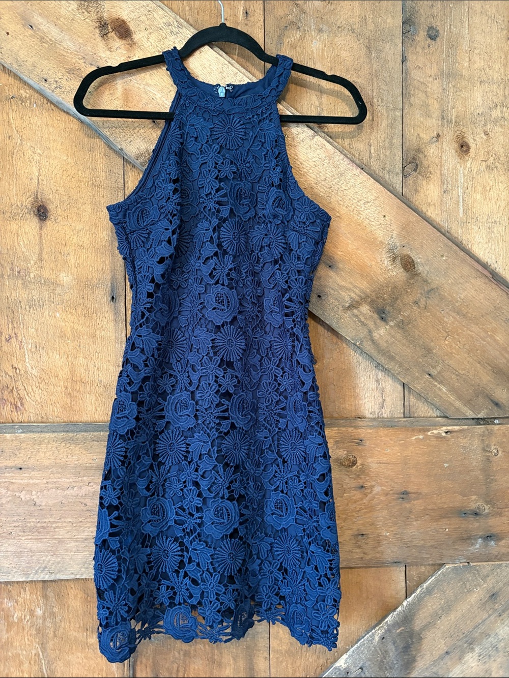 Lulu's Navy Floral Crochet Halter Mini Dress